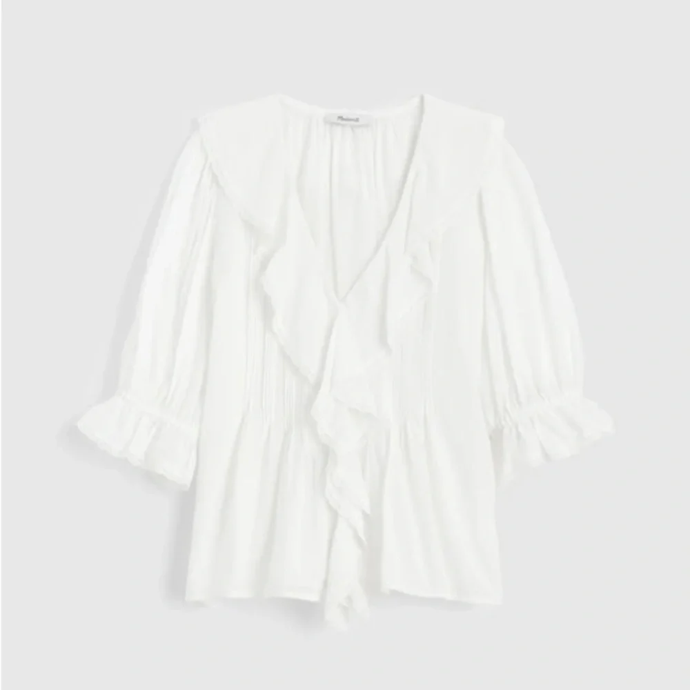 Madewell White Ruffle Front V-Neck Blouse